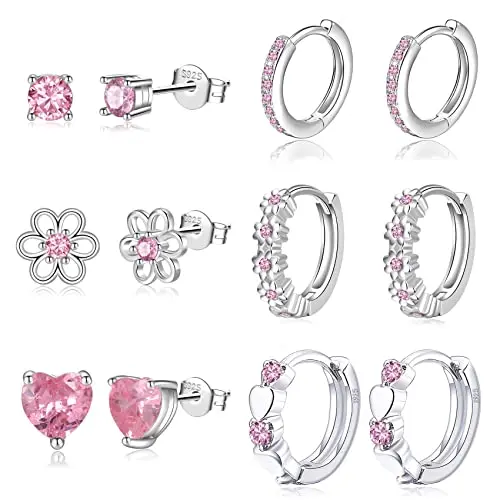 Pink: 6Pairs Hoops and Stud