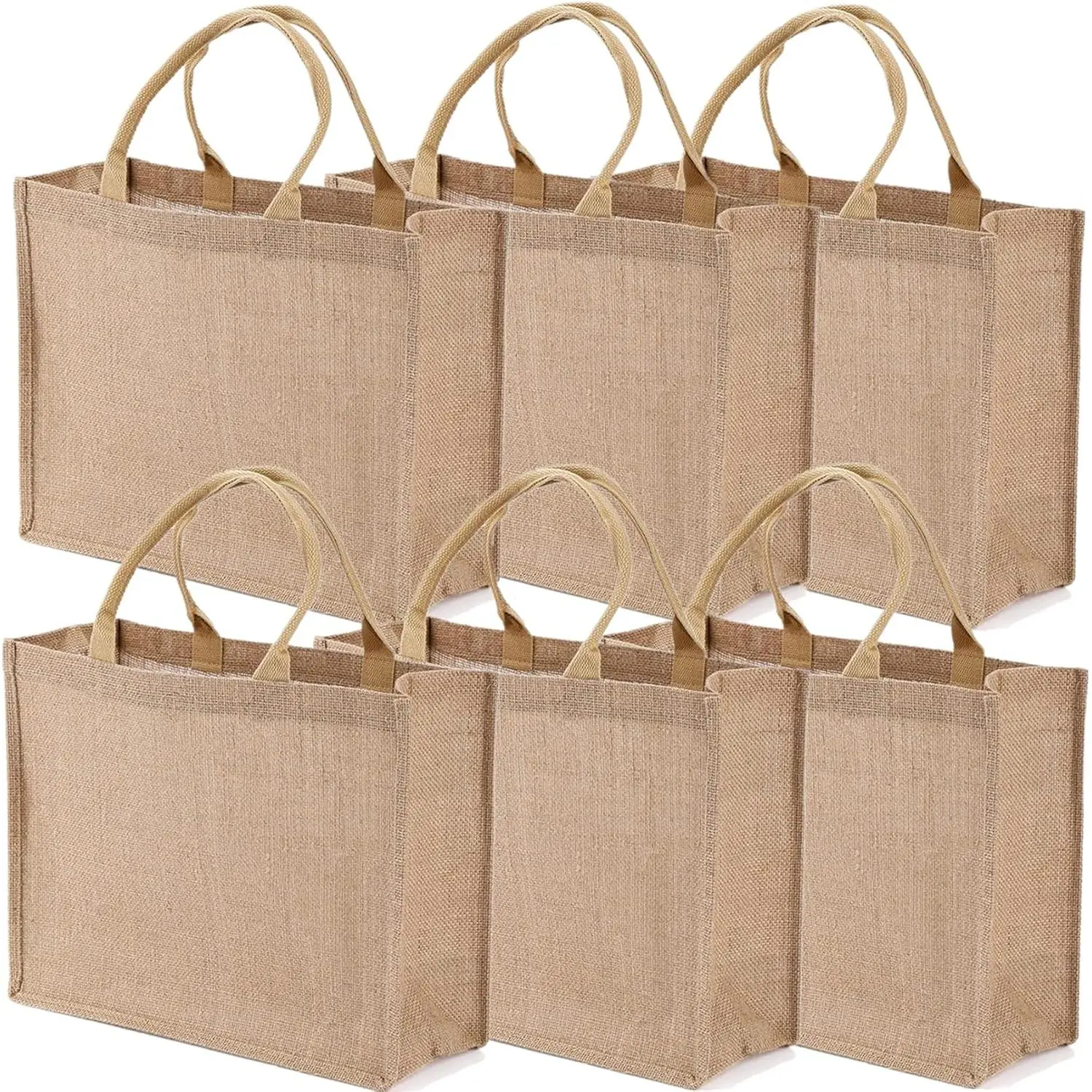 6 Pack Jute Tote Bag , Burlap Beach Bags with Sturdy Rounded Handles, Sturdy Base Gym Shopping Travel Bag for Easter Women, Mom, Teachers, Friends, Bridesmaids, 15.4''x12.2''x5.9''