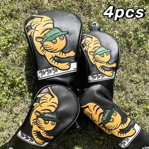 Funny Embroidered PU Leather Golf Club Cover, Golf Accessory, Tiger Design, Waterproof & Wear-Resistant, Ideal for Men & Women Golfers