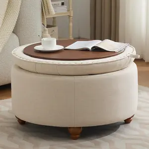 30Inch Round Storage Ottoman with Tray, Modern Tufted Fabric Circle Coffee Table with Storage, Upholstered Ottoman with Removable Top for Living Room, Bedroom, Khaki
