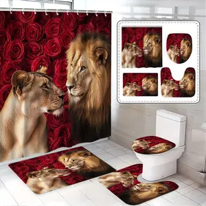 Creative Lion Couple Shower Curtain Set, Rose Background, Waterproof Polyester, Includes Hooks, Toilet Lid Cover, Floor Mat, Bathroom Decoration Accessories