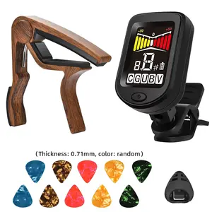 Guitar capo and tuner set, including 10 celluloid picks - digital clip-on tuner for acoustic and electric guitars, wood grain metal capo, perfect gift for beginners and guitarists