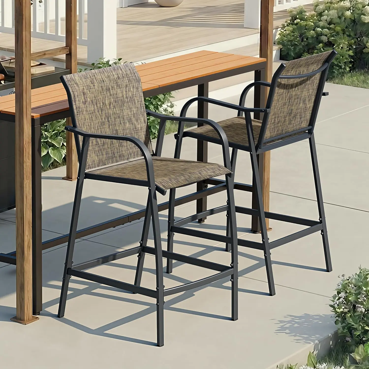 Crestlive Products Outdoor Bar Stools Set of 2, Heavy Duty Patio Furniture, Bar Height Tall Chairs with Armrest and Footrest, Textilene Fabric for Bistro, Lawn, Poolside, Backyard, Kitchen
