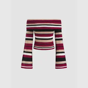 Cider [size 2-10] Knit Off-shoulder Striped Long Sleeve Crop Top