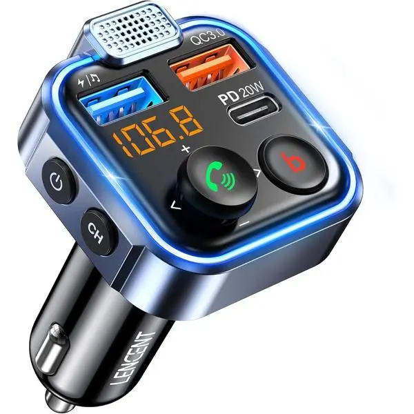 LENCENT FM Transmitter in-Car Adapter, Type-C PD 20W+ QC3.0 Fast USB Charger, Wireless Bluetooth 5.3 Radio Car Kit, Hands-Free Calling, MP3 Player Receiver Hi Fi Bass, Support U Disk