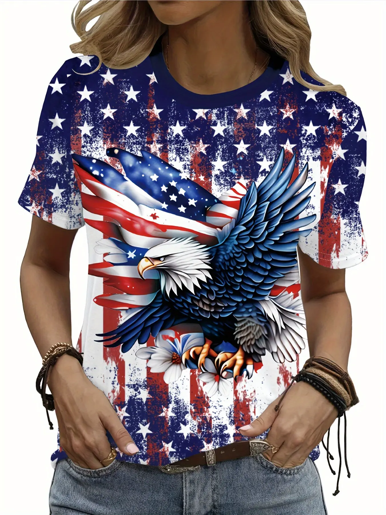 Independence Day tie dye national flag eagle graphic transfer print round neck Fitted T-shirt Summer Streetwear fashionable casual Style everyday sports shirt new women's short sleeved top
