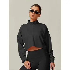 Sporty Women's Solid Color Half Zip Crop Sports Sweatshirt, Sport Drop Shoulder Stand Collar Pullover for Gym Workout Running, Ladies Sportswear for All Seasons