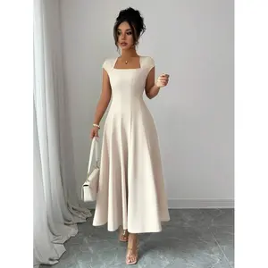 Elegant women's square-neck, waist-cinching A-line midi dress, casual resort style, suitable for spring and summer, ideal for commuting, the beach, music festivals, and beer festivals