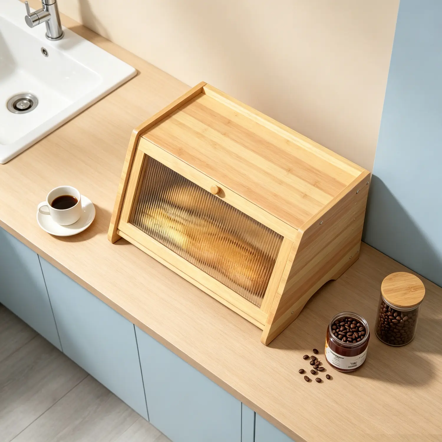 [ManyDFYu] Bamboo Bread Preserver with Lid - Eco-Friendly Wood Food Storage Container, 15.5*10*8 in Modern Farmhouse Adjustable Corner Organizer, Built-In Airflow Vent for 5 lb Loaves, Acrylic-Free Bread Preservation Tool for Kitchen Counters, Built-In Ve