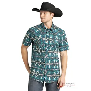 Ariat Men's Rock & Roll Turquoise Aztec Print Short-Sleeve Snap-Front Shirt, Style BMN3S07152