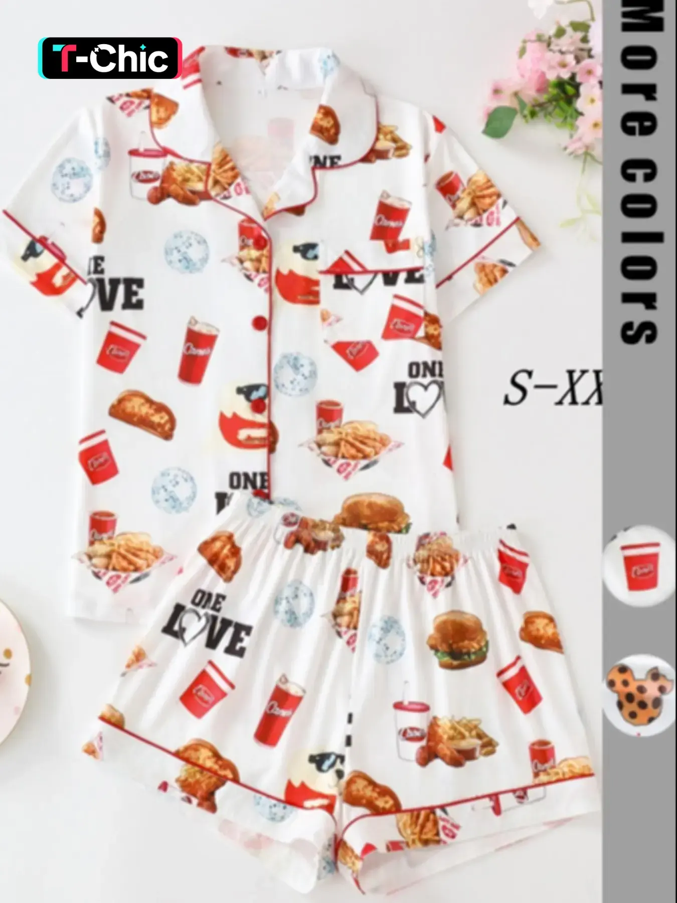 Women's Bread Beverage Snack Print Pajama Set Pjs, Collared Button Short Sleeve Top & Loose Comfortable Shorts, Elegant Sleepwear Suit Loungewear Sleepwear Pajamas Set