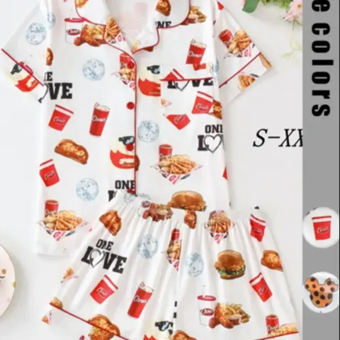 Women's Bread Beverage Snack Print Pajama Set Pjs, Collared Button Short Sleeve Top & Loose Comfortable Shorts, Elegant Sleepwear Suit Loungewear Sleepwear Pajamas Set