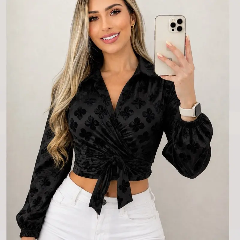 Women's V-Neck  Mesh Wrap Blouse, Long Sleeve Crop Top with Rhinestones, Dressy Tops Fashion Piece, Shirts, Soft, Longsleeves, Fabric, Blouse Shirt