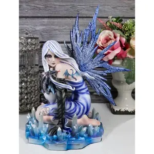 Elemental Ice Goddess Blue Fairy With Baby Dragon Hatchling Statue 12.25"Tall