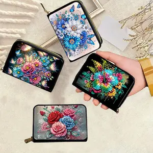 1 Colorful flower-patterned diamond-painted card bag and coin wallet, DIY diamond painting art set, large-capacity multi-slot zipper closure design suitable for festivals and daily use, Pu Leather Wallet, Durable Wallet
