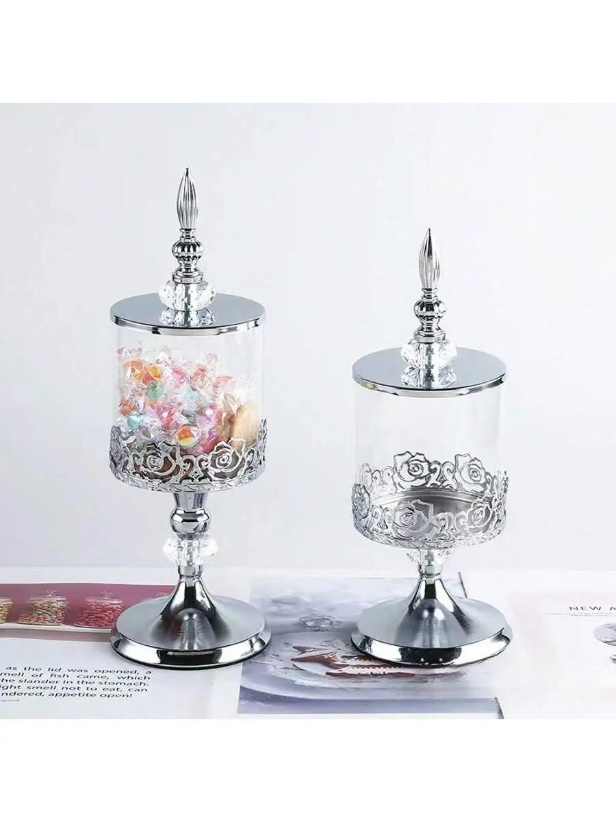 2pcs Vintage Clear Storage Jar with Lid, Elegant Nuts Candy Containers Storage Box, Snack Container, Decorative Glass Jar for Home Living Room Coffee Table，Small 11*29cm, Large 11*33cm