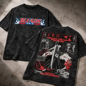 Bleach T-shirt, Ichigo Kurosaki Graphic Tee, Getsuga Tensho Design, Manga Style, Red & Blue "BLEACH" Logo, Japanese Katakana, Unisex Fit, Gift for Anime Fans, Charcoal Gray T-shirt