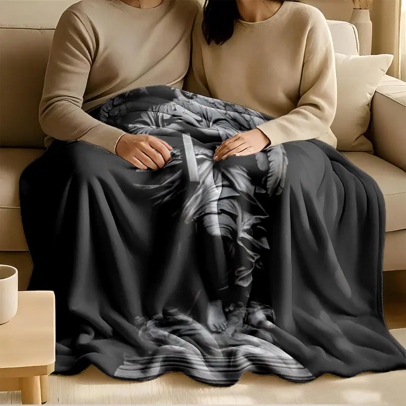 1 piece Holy angel statue holding a cross themed flannel blanket - Oversized fluffy flannel sofa blanket, suitable for beds and sofas, modern design, all-season use, digitally printed pattern, 100% polyester material, machine washable, suitable for