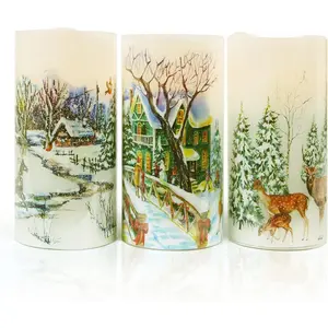 Christmas Flameless Candles Real Wax LED Candles Decor  Operated with Timer and Green Christmas Tree Decal,Set of 3,Warm Light
