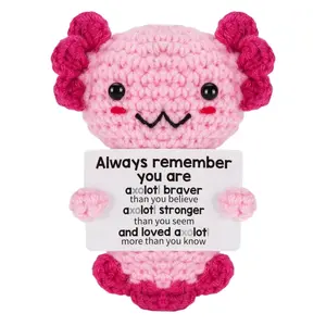 Cute Crochet Stuffed Animals Axolotl with Positive Card, Handmade Crochet Emotional Support Toy, Desktop Decoration for Home Office, Handmade Crochet Figure Gift for Family Friend Colleague, Soft Stuffed Animal, Soft Stuffed Doll