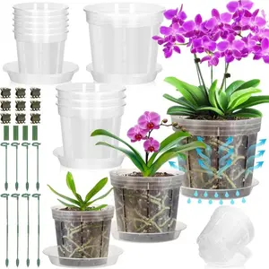 9-Pack Plastic Butterfly Orchid Pots with Holes, 5-Inch Transparent Breathable Design, Includes Tray, Drainage Holes, Gardening Stakes