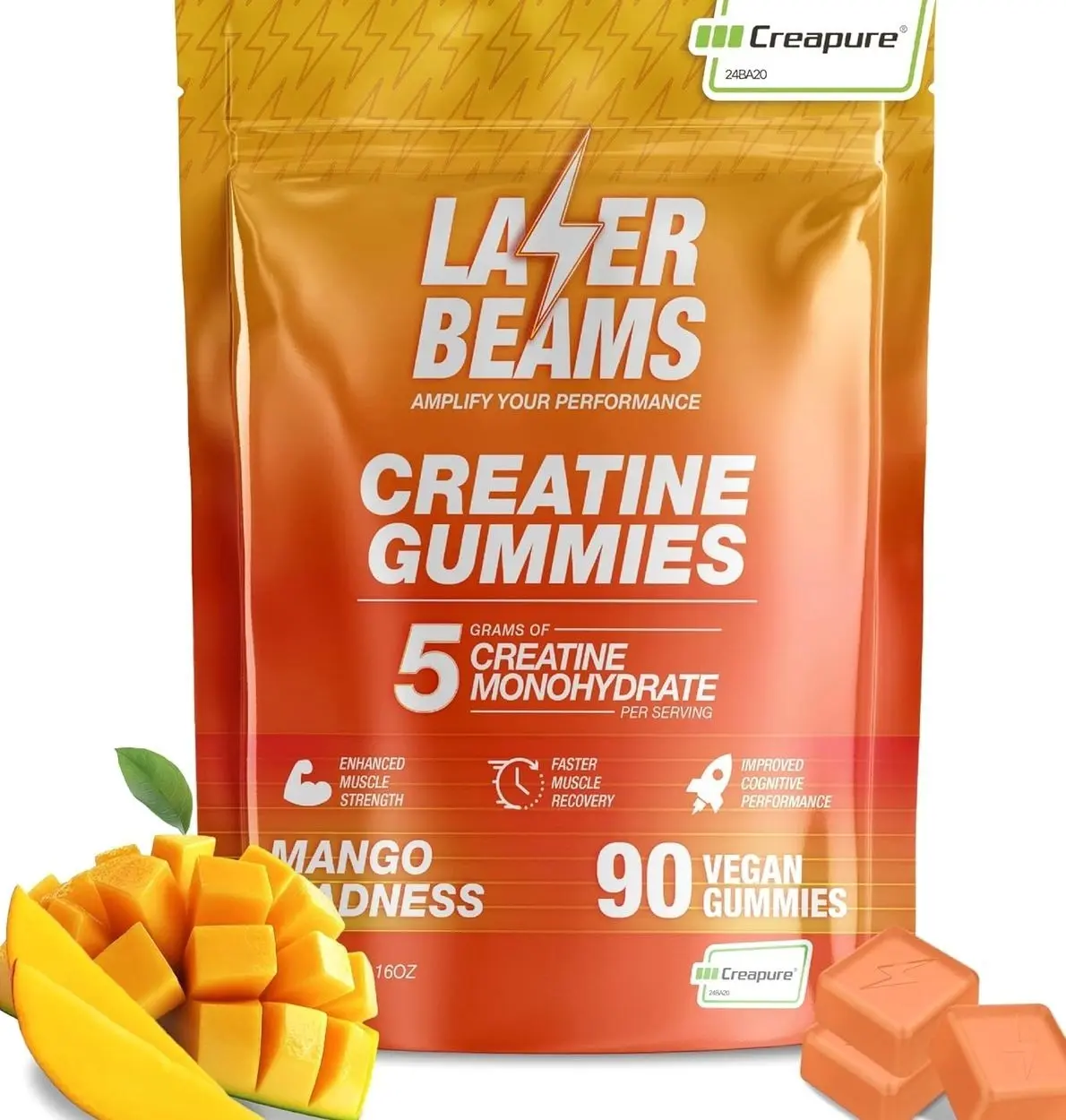 Creatine Monohydrate Gummies for Women & Men - 5g Creapure Creatine per Serving - Vegan, Mango Flavor - Boost Muscle Strength, Endurance, Recovery & Mental Focus (90 Gummies)