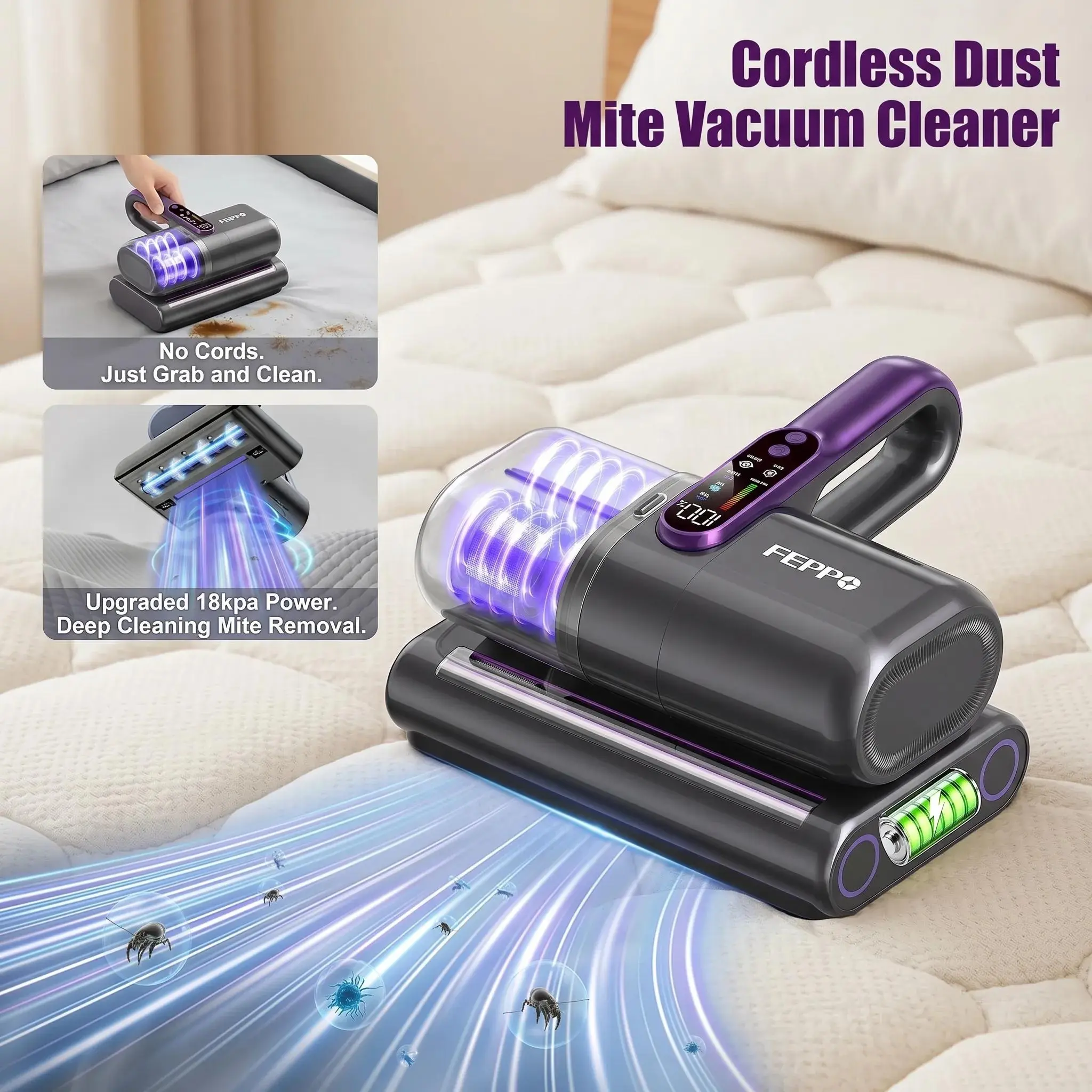 FEPPO  Cordless Mattress Vacuum Cleaner, 18Kpa Bed Vacuum with 253.7nm UV-C Light & Ultrasonic Technology, Handheld Vacuums with Dust Sensor & LED Display, 52800 Times/Min High Frequency Tapping