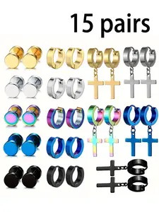 15 pairs/set, Unique Design Earrings, Stainless Steel earrings set, suitable for both men and women, Earrings Dangle Hinged Men Earrings Stainless Steel Cross hoop Earrings suitable for daily or party use, gift to friends, 5 colors