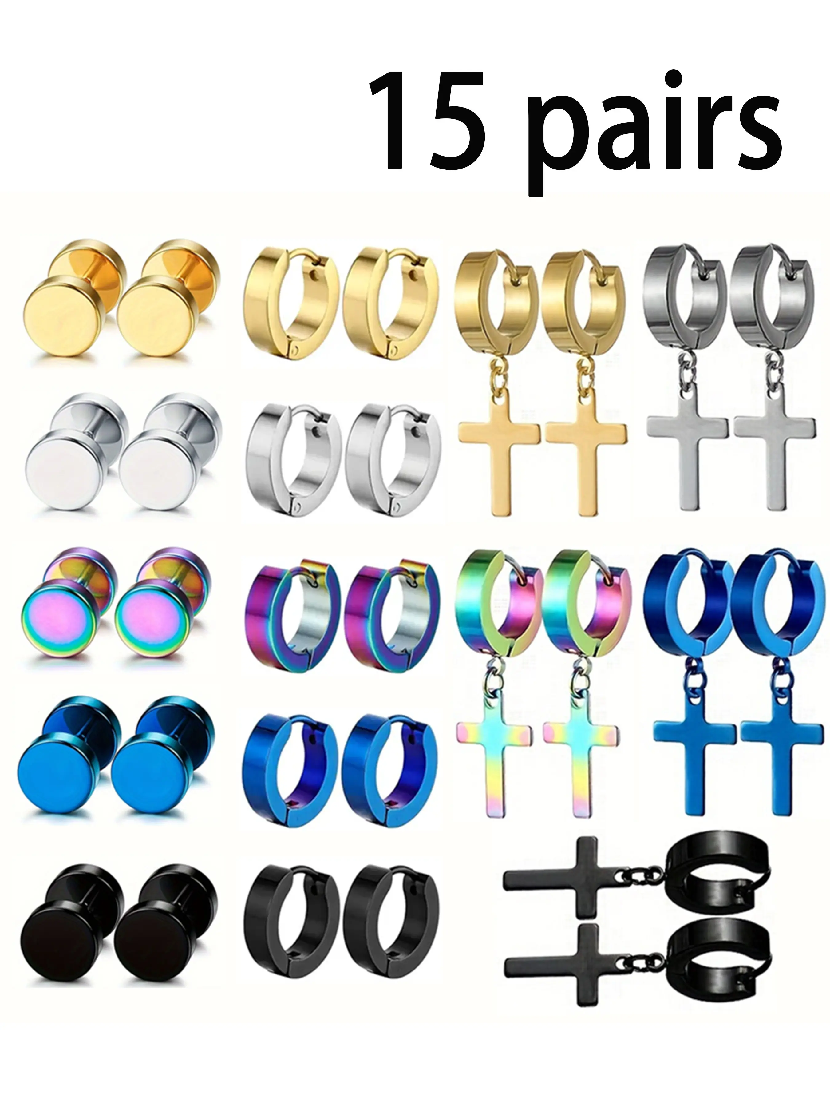 15 pairs/set, Earrings, Stainless Steel Hoops Earrings Set, Dangling Earrings, suitable for men and women, Dangle Hinged Cross Hoop Earrings, daily or party use, gift to friends, 5 colors