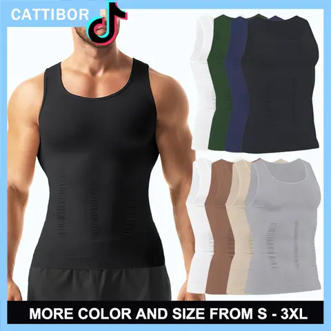 CATTIBOR 1/2-Pack Men's Solid Muscle Sports Compression Vest Body Shaper - Sleeveless Abdomen Support Tank Top for Running, Gym Workouts - All-Season Menswear Underwear