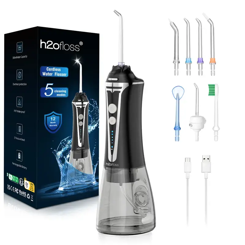 H2ofloss Water Dental Flosser Teeth Pick -Portable Oral Irrigator with 5 Modes, Rechargeable IPX7 Waterproof Orthodontic Teeth Cleaner Pick