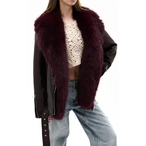 AURELIA-BURGUNDY FAUX FUR MOTO JACKET