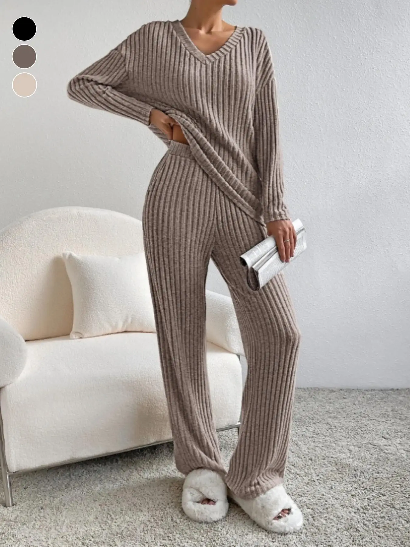 Women's Solid Color Ribbed Drop Shoulder Top & Pants Loungewear Two-Piece Set, Casual Comfy Long Sleeve V Neck Top & Pocket Trousers PJ Set, Ladies Sl