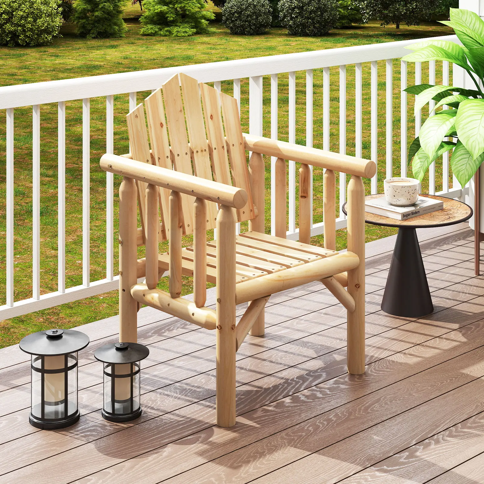 COSTWAY - Outdoor Wood Armchair Wooden Patio Dining Chair with Armrests-Natural
