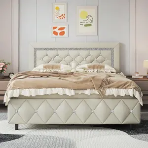 Twin/ Full/ Queen/ King Size  Frame, Upholstered  Frame With Diamond Headboard And Footboard, No Box Spring Needed, Easy Assembly, White/ Beige/ Black/ Grey/ Pink/ Purple/ Green Bed
