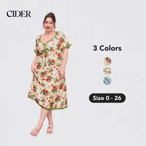 Cider [3 colors, size 0-26] Square Neck Strawberry Graphic Contrasting Lace Trim Midi Dress, Casual Fashion
