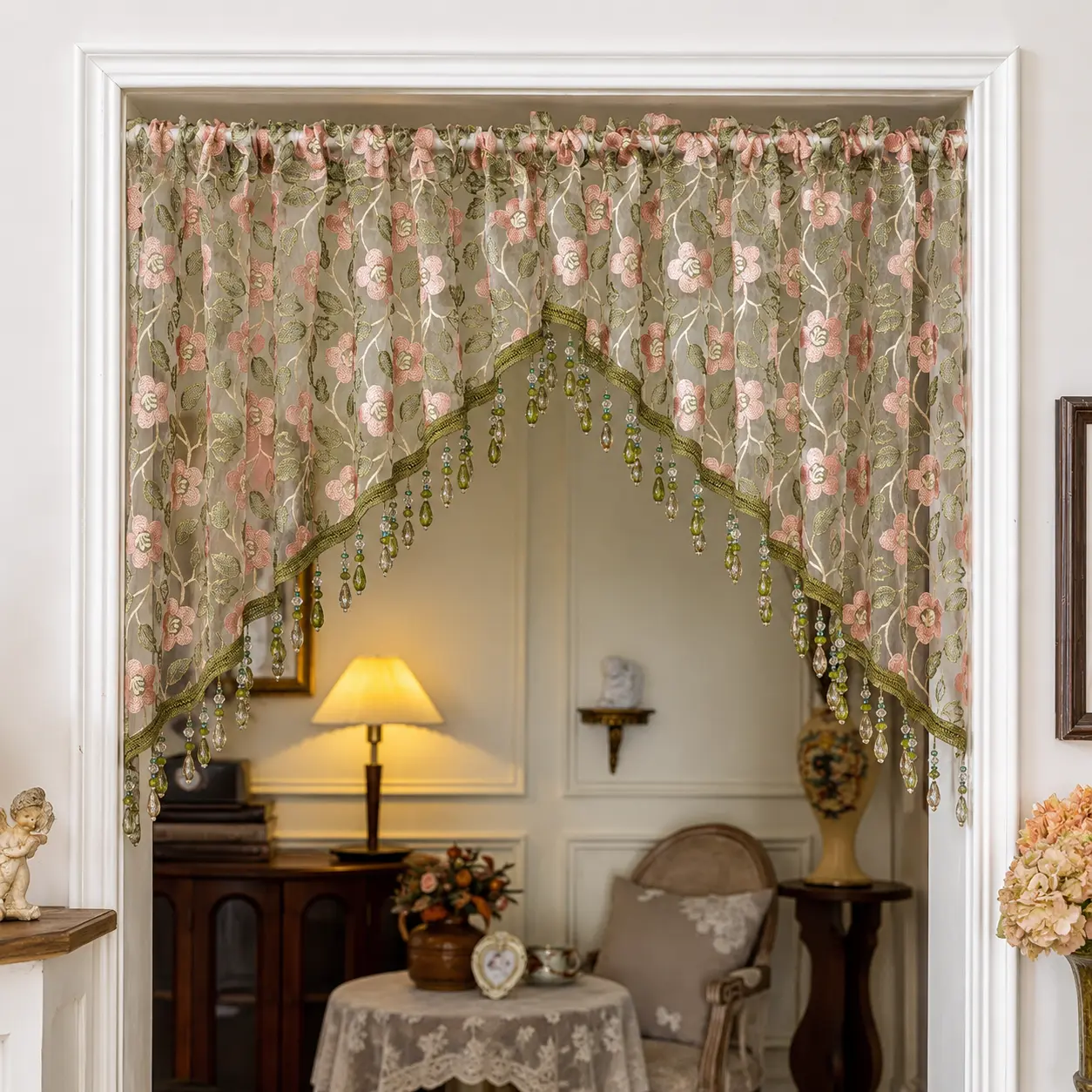 No-Hole Retro Lace Door Curtain | Floral Beaded Fairy-Style Room Decor—Perfect for Weddings, Parties, Christmas, and Halloween Decor Interior Decoration Accessories(Does not include a telescoping pole)