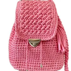Fashionable backpacks - Knitted/ crochet Style with Tassel Detailing and silver Accent Buckle extra chain for longer shoulder strap. Handmade and crocheted bag pack, perfect for women and youth bag packs.
