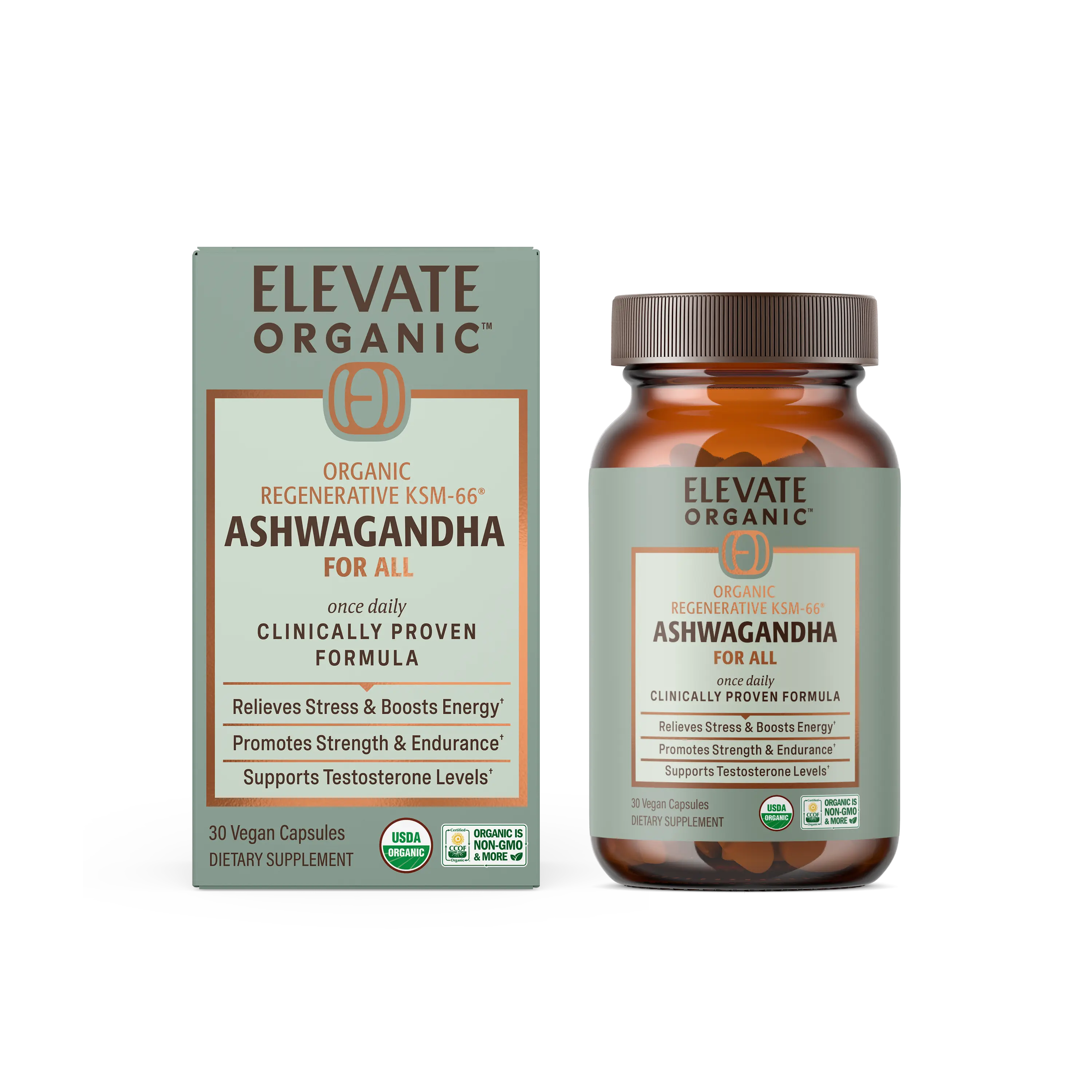 Elevate Organic KSM-66 Ashwagandha Capsules 600mg Fermented, Regenerative Organic Certified  Stress Relief, Focus, Strength & Testosterone Support Acti Veda Enhanced (30 Servings)