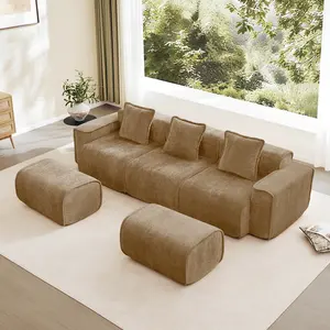 Streamlined Modular 3-Seat U-Shape Sectional Boneless Sofa with French Edge Piping, No Assembly Required Couch with 2 Movable Ottomans & Throw Pillows for Living Room