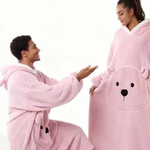 Luxury Peach Bear Blanket, Long Wearable Throw, Easy On-Off, Cute Bear Ears Hat, Unisex Homeewear, Size 53.15in