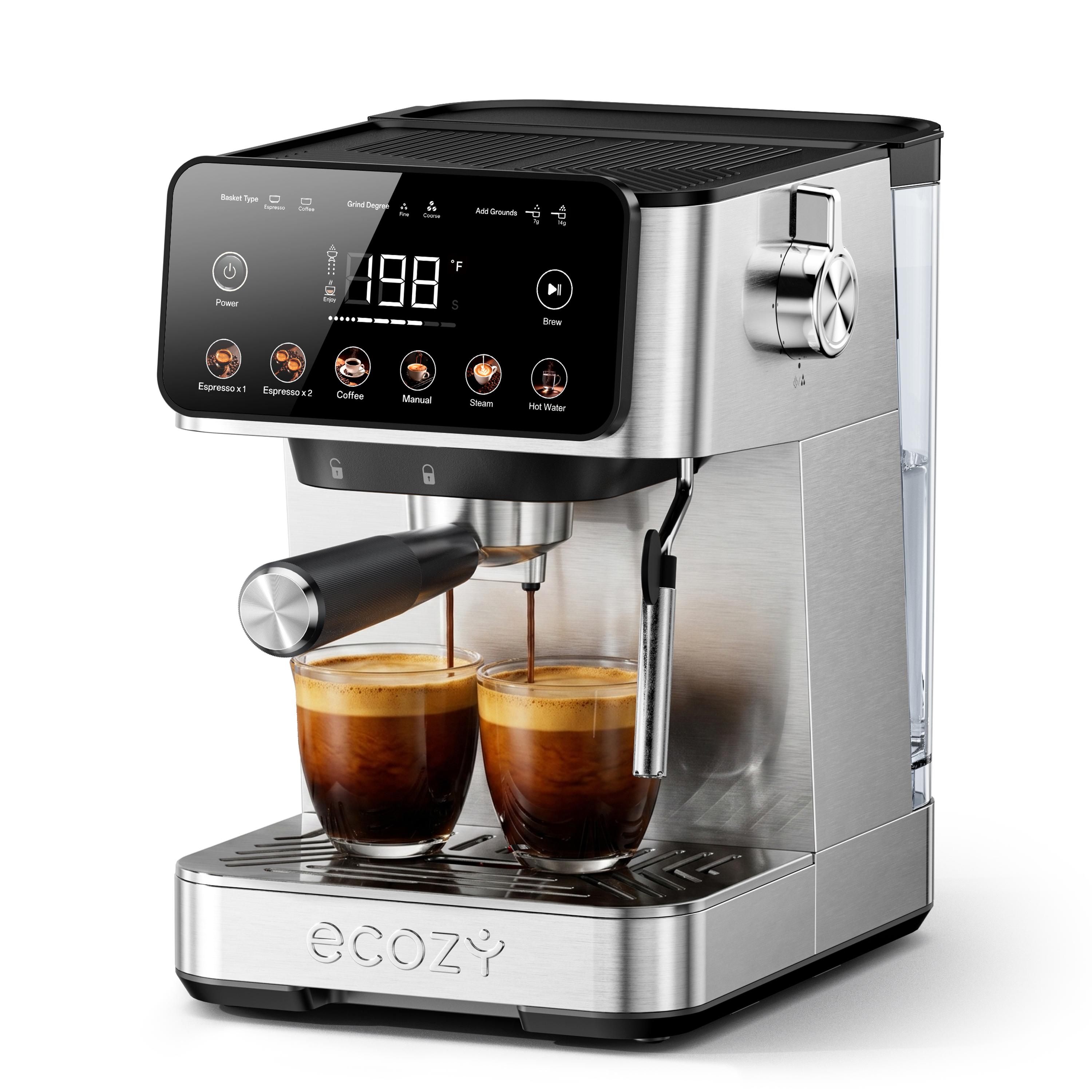 ecozy 2-in-1 Espresso Machine - LED Touch Screen, 20 Bar Pump, Home Coffee Bar, All in One with Drip Coffee, Hot Water and Milk Frother,  Stainless Steel Coffee Maker, Brezzano Core Series Coffee Machine for Cappuccino, Latte, Americano, tiktokshopsp summ