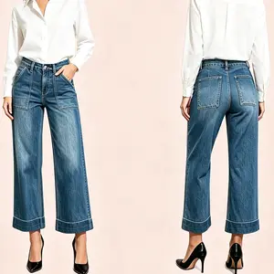 Casual Dark Blue High-Rise Cropped Denim Pants, Patch Pocket Cuffed Hem Relaxed Fit Everyday Wide Leg Jeans