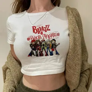 Bratz Glitter Graphic Print White Cropped Tee, Retro Y2K Aesthetic Slim Fit Short Sleeve Crewneck Top, Casual Daily Streetwear Fashion Blouse, Trendy Going Out Party Stylish Pullover Tops for Adult Women Daily Outdoor Wear