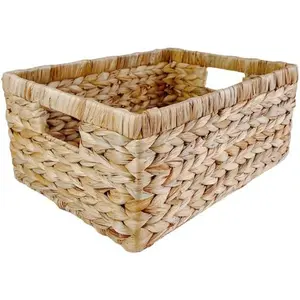 Large Rectangular Handwoven Wicker Basket -  Water Hyacinth Storage Baskets with 2 Built-in Handles - Ideal for Towel, Blankets, and  Organizer & Decor - 15"x 11"x6.75" - Brown