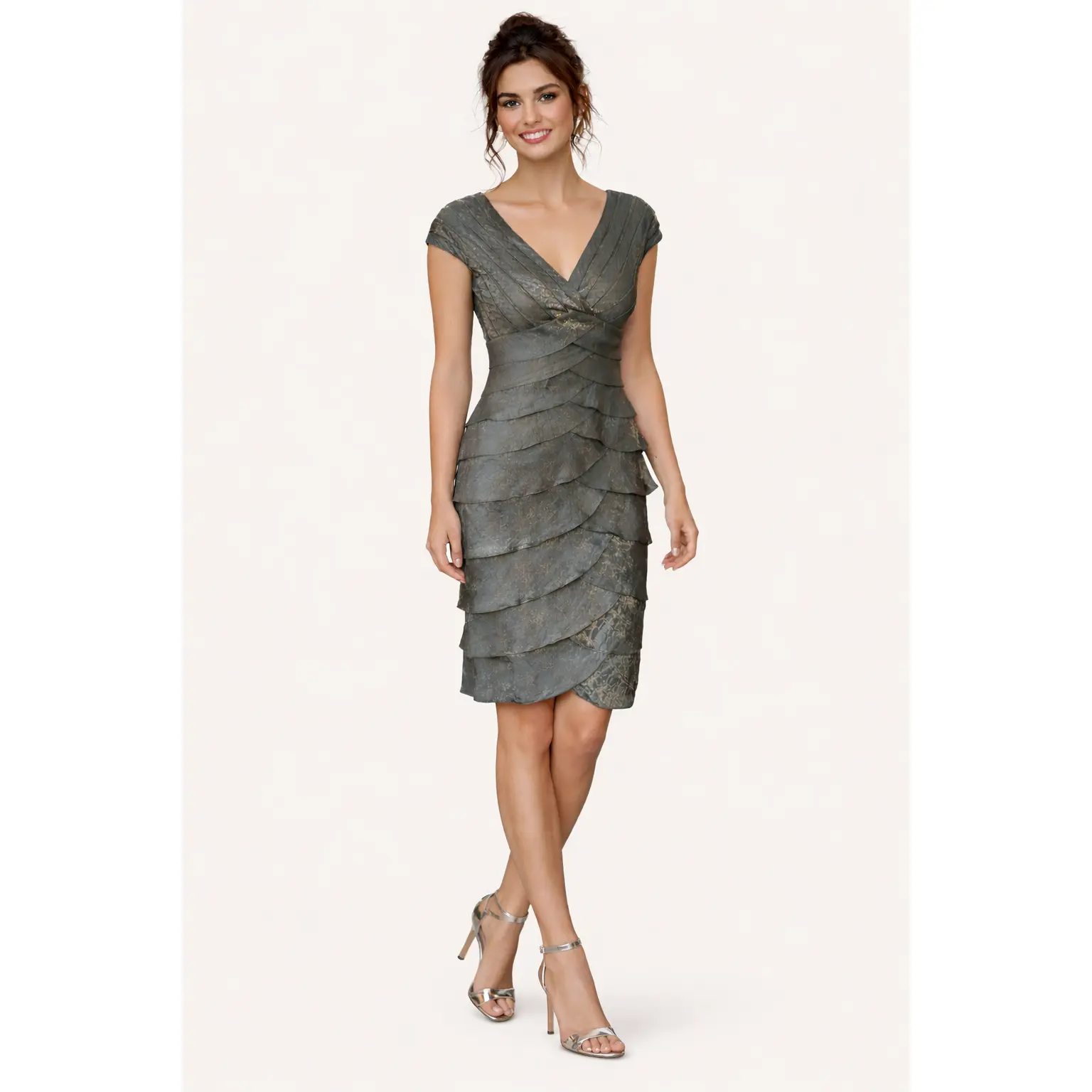CACHE Metallic Silver Shutter-Pleat Sheath Dress (Size 2)