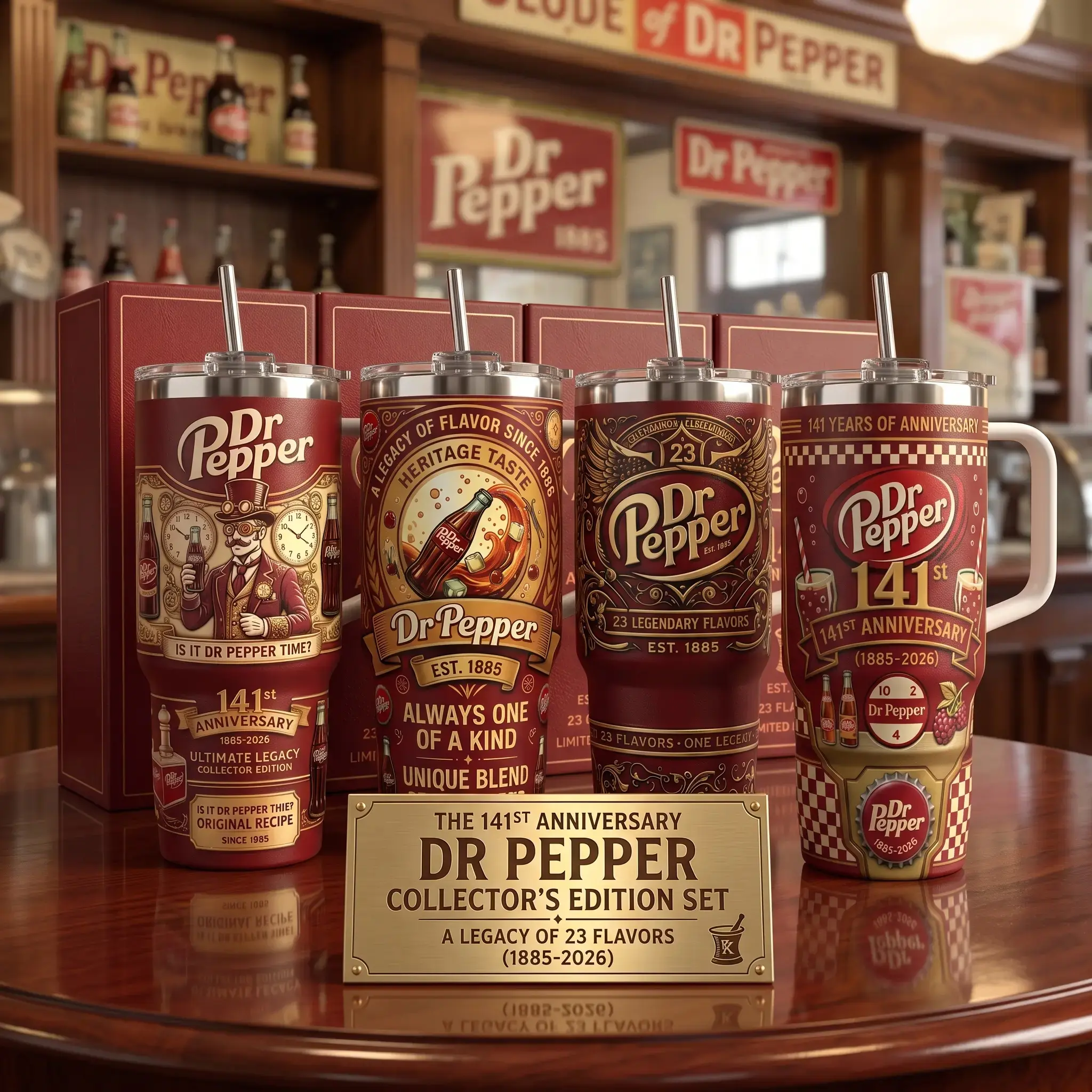 [Collection] Docter Pepper 141st  Anniversary Tumbler 40oz With Handle & Straw, Limited Edition 1885-2026 Collector Cup, Retro Soda Fan Gift, Vintage Dr Pepper Drinkware, 23 Flavors Stainless Steel Travel Mug, Insulated Beverage Tumbler