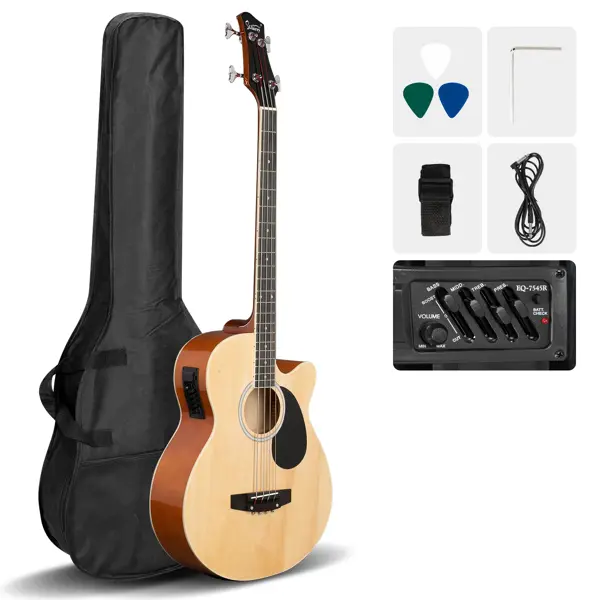 Full Size 4-String Electric Acoustic Bass Guitar (GMB101) with 4-Band EQ-7545R Equalizer, Adjustable Truss Rod, Burlywood Finish, ABS Plastic Fingerboard, Specified Neck Material, 4.8 lb/2.2 kg - Guitar & Bass Accessories Set, Adjustable Truss Rods, Finge