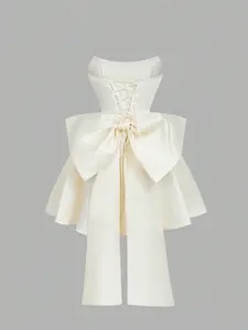 White Satin Corset Mini Dress for Women, Off Shoulder Bandeau Dress, Bow Back Party Dress, Wedding Guest Dress