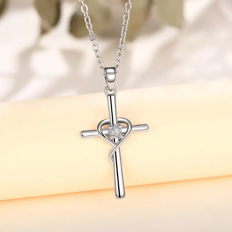 Women's Creative Cross Heart Zirconia Pendant Jewelry Women Birthday Anniversary Pendant Necklace Party Wedding Gift Synthetic Zirconia Classic Cross Pendant Necklace, Cross Necklace Women, Jeweled Crucifix Necklaces